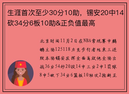 生涯首次至少30分10助，锡安20中14砍34分6板10助&正负值最高